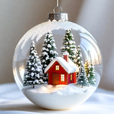 Snowy Christmas Ornament with Cabin and Trees