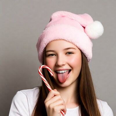 Girl licking candy cane in pink Santa hat