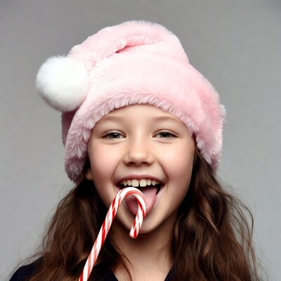Girl licking candy cane in pink Santa hat
