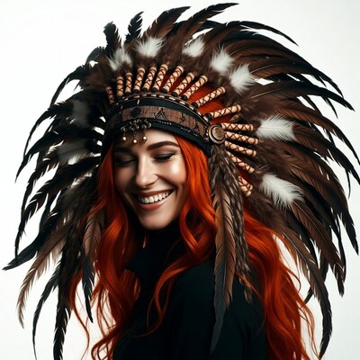 Woman with red hair in feather headdress