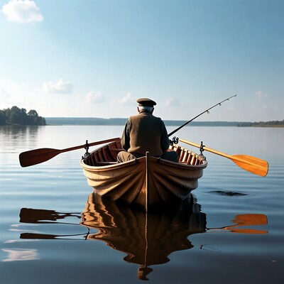 Man fishing from rowboat on lake