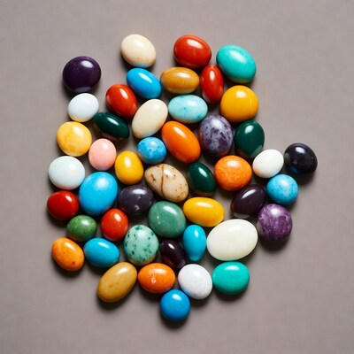 Colorful Polished Gemstones on Gray Background