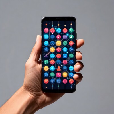 Hand holding smartphone with colorful app icons