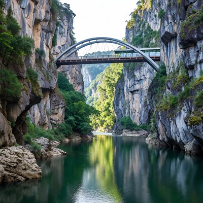 Arch Bridge over River in Canyon