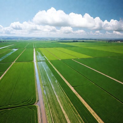 Aerial View of Green Rice Paddy Fields