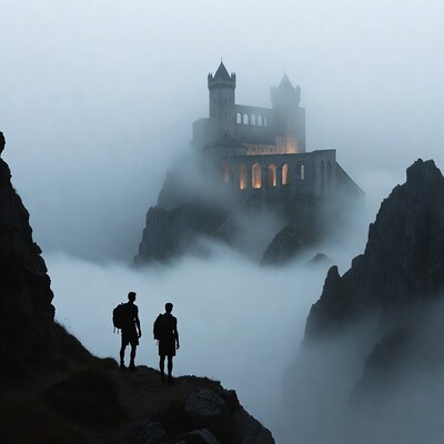Silhouetted men viewing misty castle