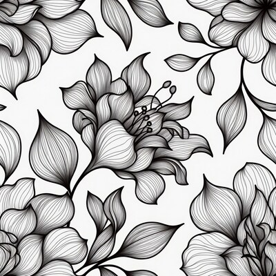 Black Line Art Flowers Pattern