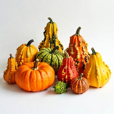 Variety of colorful pumpkins on white background