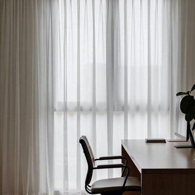 Office Desk by White Sheer Curtains