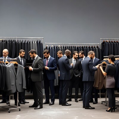 Men and woman shopping suits store
