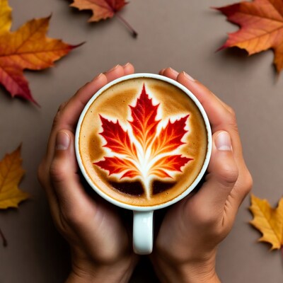 Hands holding latte with maple leaf art