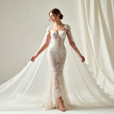 Woman in Lace Wedding Gown with Cape