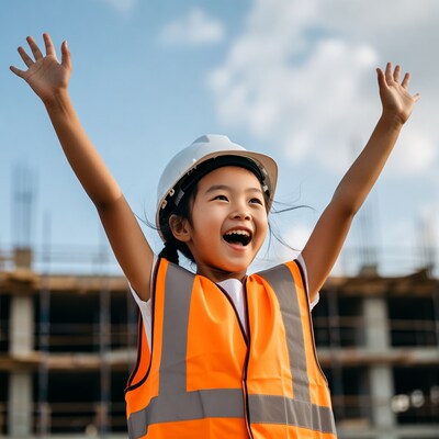 Asian girl in hardhat cheering at construction site