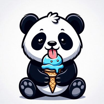 Cute panda eating blue ice cream cone