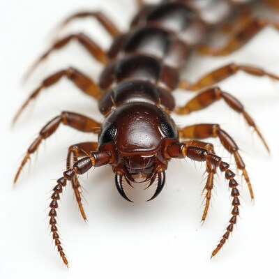 Closeup of centipede on white background