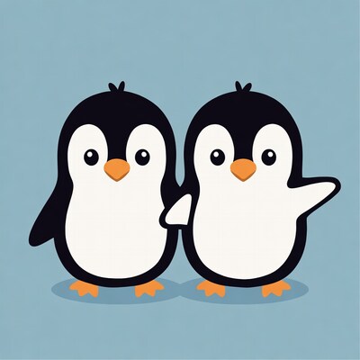 Two cute cartoon penguins hugging