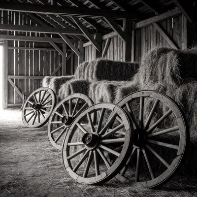 Wooden wagon wheels and hay bales in barn