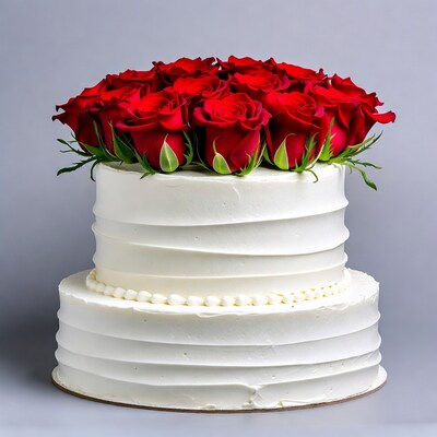 Two-Tier White Wedding Cake with Red Roses