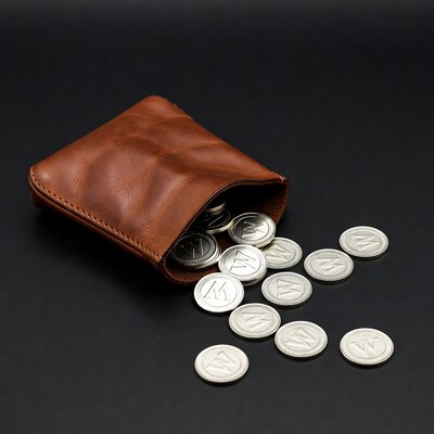 Brown leather pouch spilling silver coins