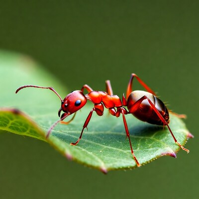 Red ant on green leaf