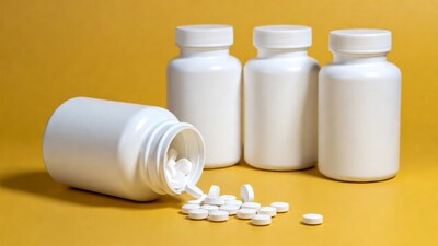White Pill Bottles Spilling Pills on Yellow Background