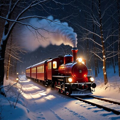 Red Steam Train in Snowy Forest Night