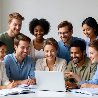 Diverse group studying laptop and books