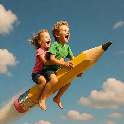Boy and girl riding giant pencil