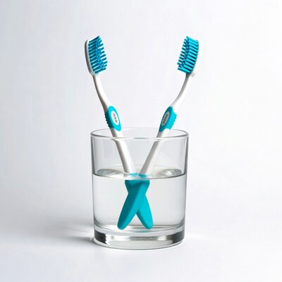 Two toothbrushes in glass of water