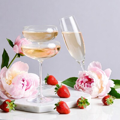 Champagne glasses with peonies strawberries