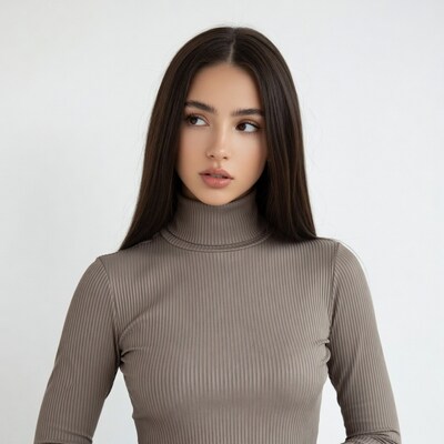 Woman in gray turtleneck sweater