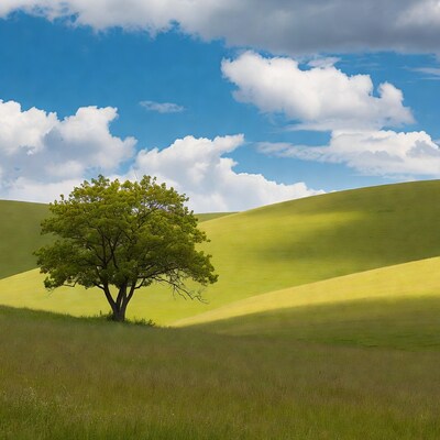 Lone Tree on Green Rolling Hills