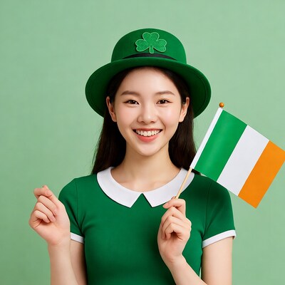 Asian woman in shamrock hat holding Irish flag