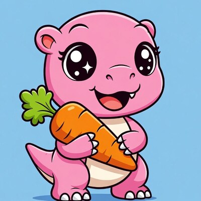 Cute pink baby hippo holding carrot