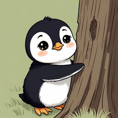 Cute baby penguin hugging tree