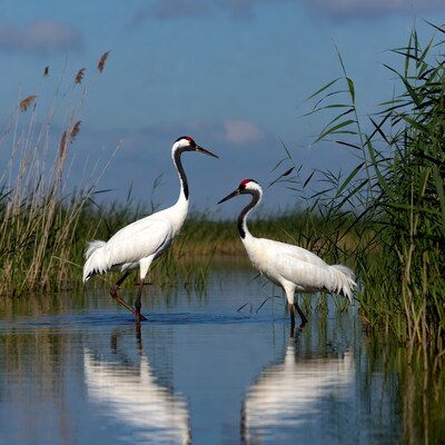 Two Red-Crowned Cranes in Water