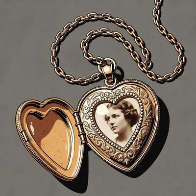 Open gold locket with woman portrait