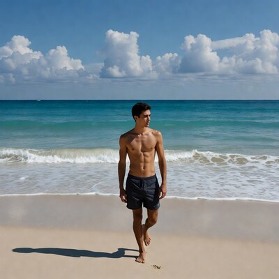 Shirtless man walking on beach