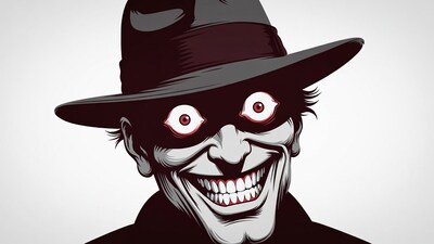 Grinning masked man in fedora