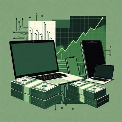 Stacks of cash with laptops and phones