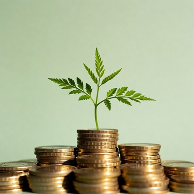 Green seedling growing from gold coins