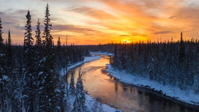 Snowy River Sunset with Pine Forest