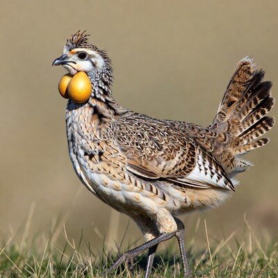 Scaled Quail holding oranges