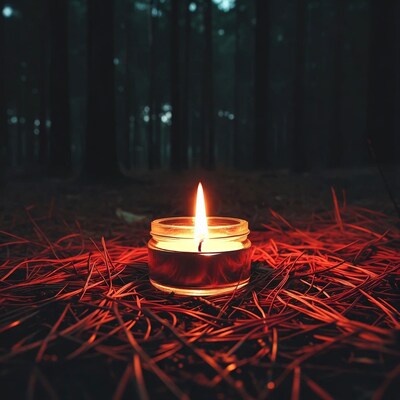 Candle lit in dark forest
