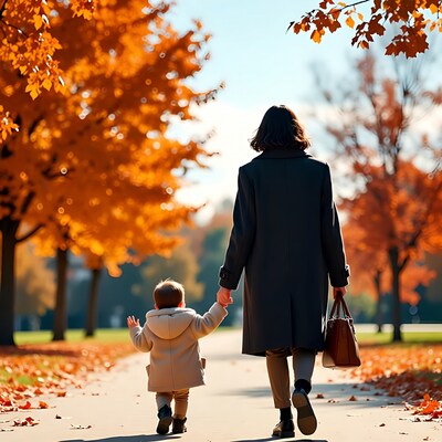 Mother and toddler walking autumn path