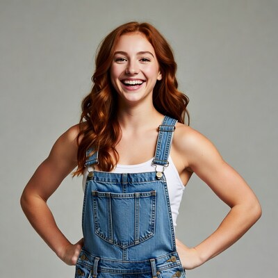 Smiling redhead woman in denim overalls
