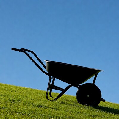 Black wheelbarrow on green hill