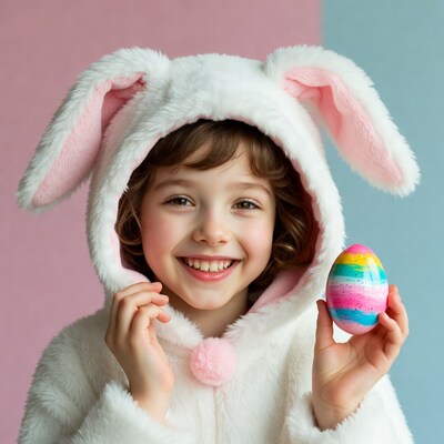 Girl in bunny costume holding Easter egg
