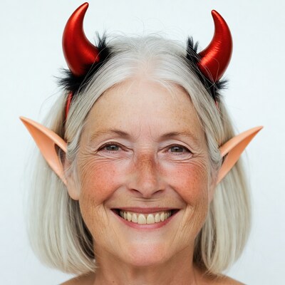 Elderly woman with devil horns and elf ears
