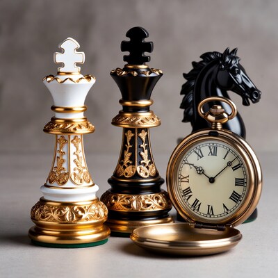 White Queen, Black King, Knight, Pocket Watch